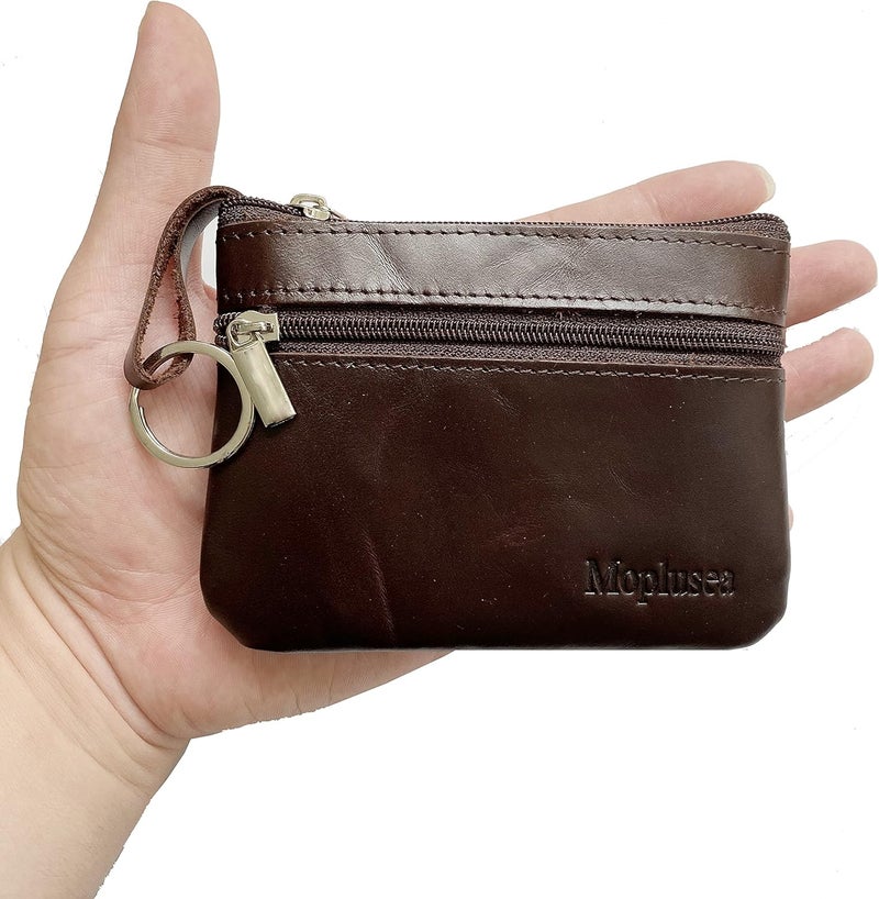 Moplusea Genuine Leather Small Coin Purse Wallet With Keychain Mini Change Purse Coin Pouch Holder For Men (GLCB011 Coffee) - Image 3